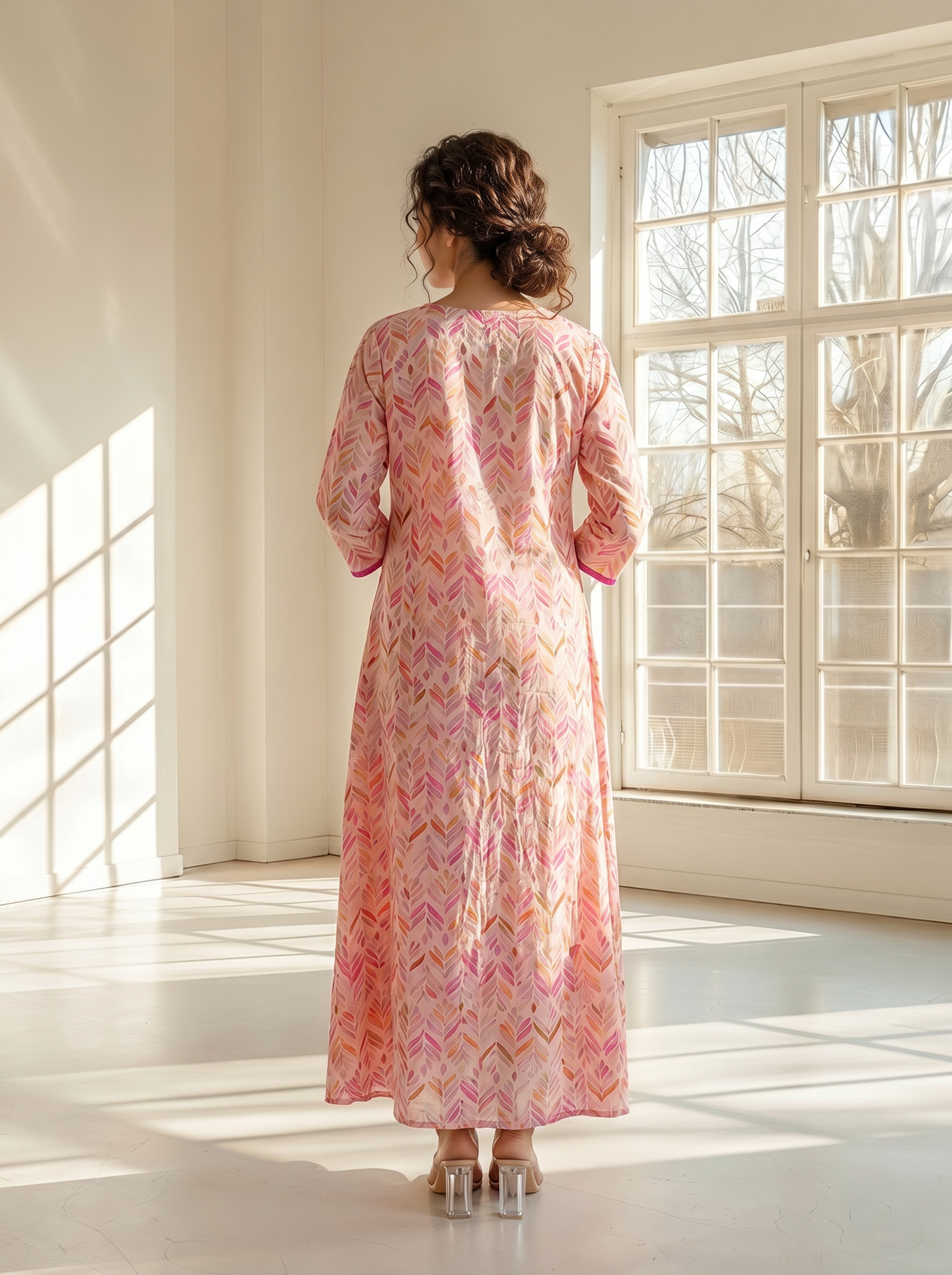 Light Peach Rayon Slub Digital Print Round Neck Flared Floor Length Dress