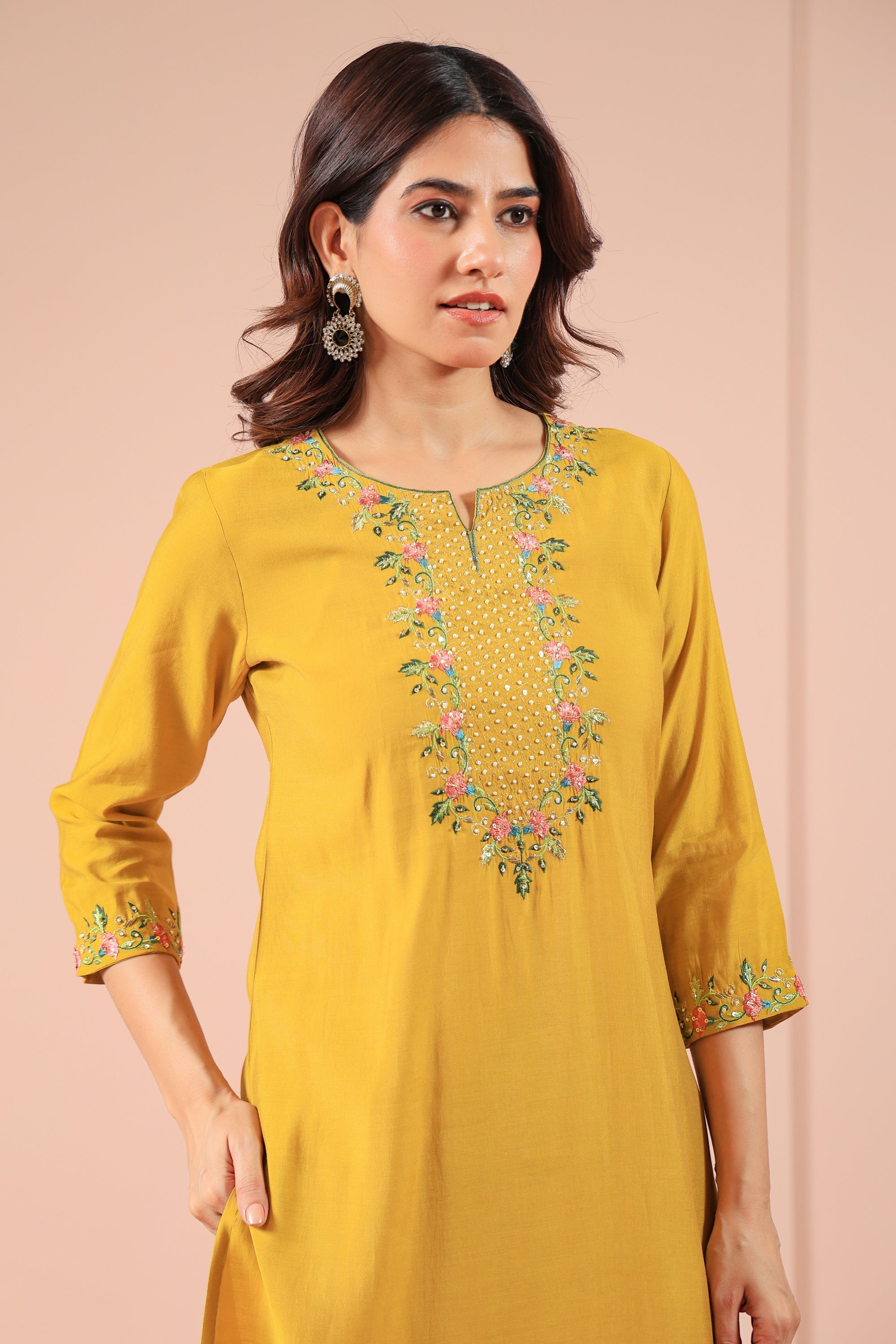 Ceylon Yellow 3 Pcs Kurta Set in Poly Viscose