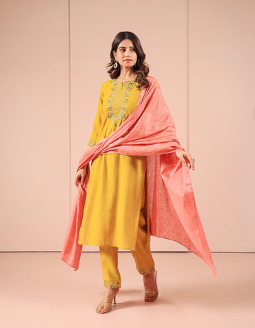 Ceylon Yellow 3 Pcs Kurta Set in Poly Viscose