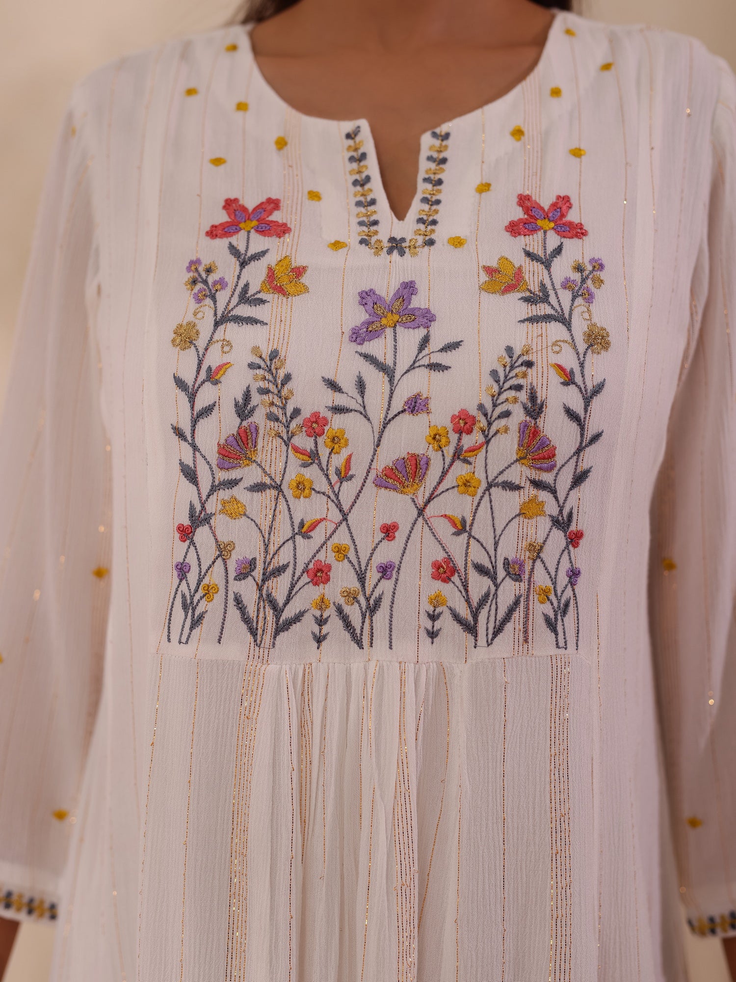 LUREX CREPE EMBROIDERED LONG DRESS