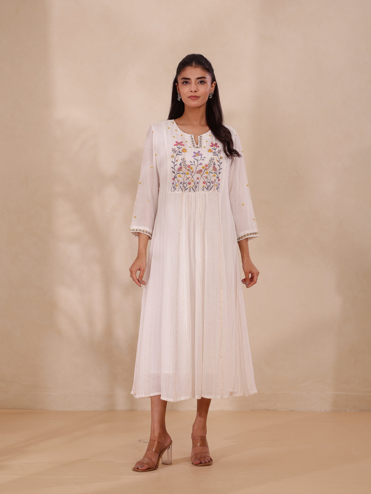 LUREX CREPE EMBROIDERED LONG DRESS