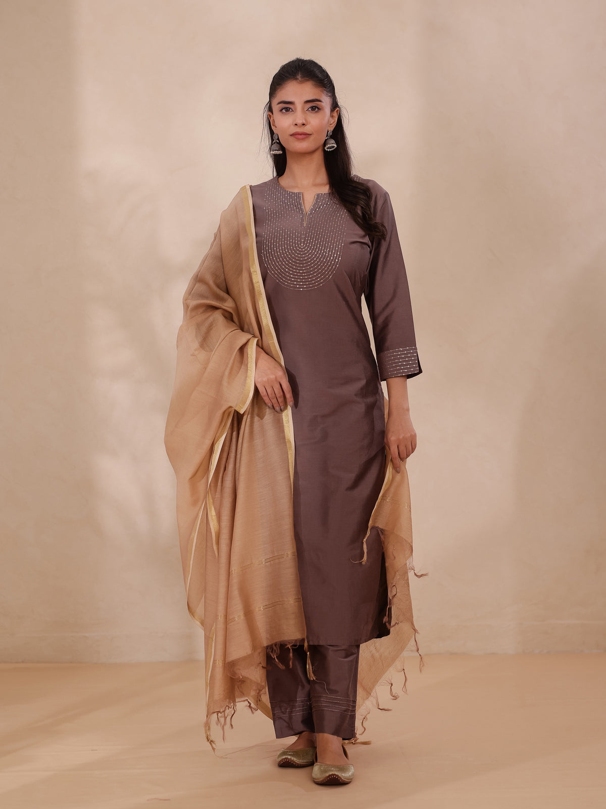 3PC SEQUENCE EMBROIDERY PARTY WEAR KURTA PAIRED WITH CHANDERI DUPATTA SET