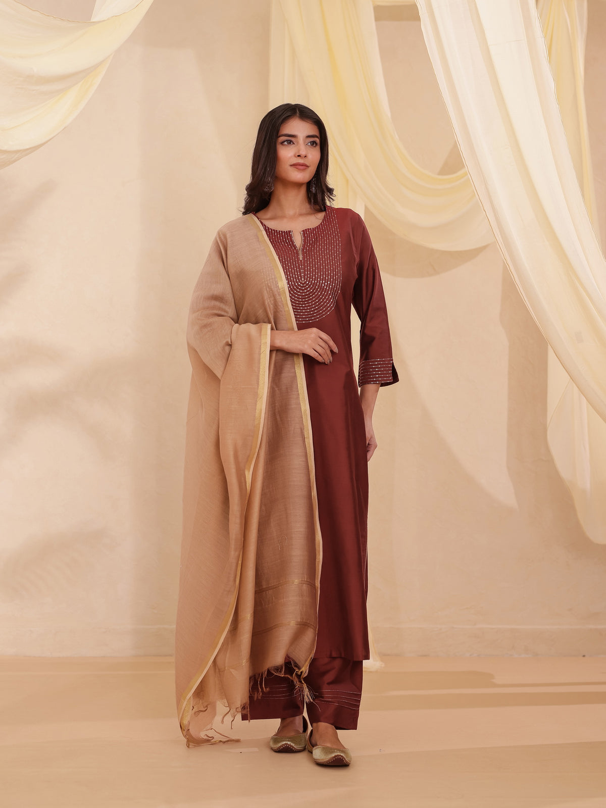 3PC SEQUENCE EMBROIDERY PARTY WEAR KURTA PAIRED WITH CHANDERI DUPATTA SET