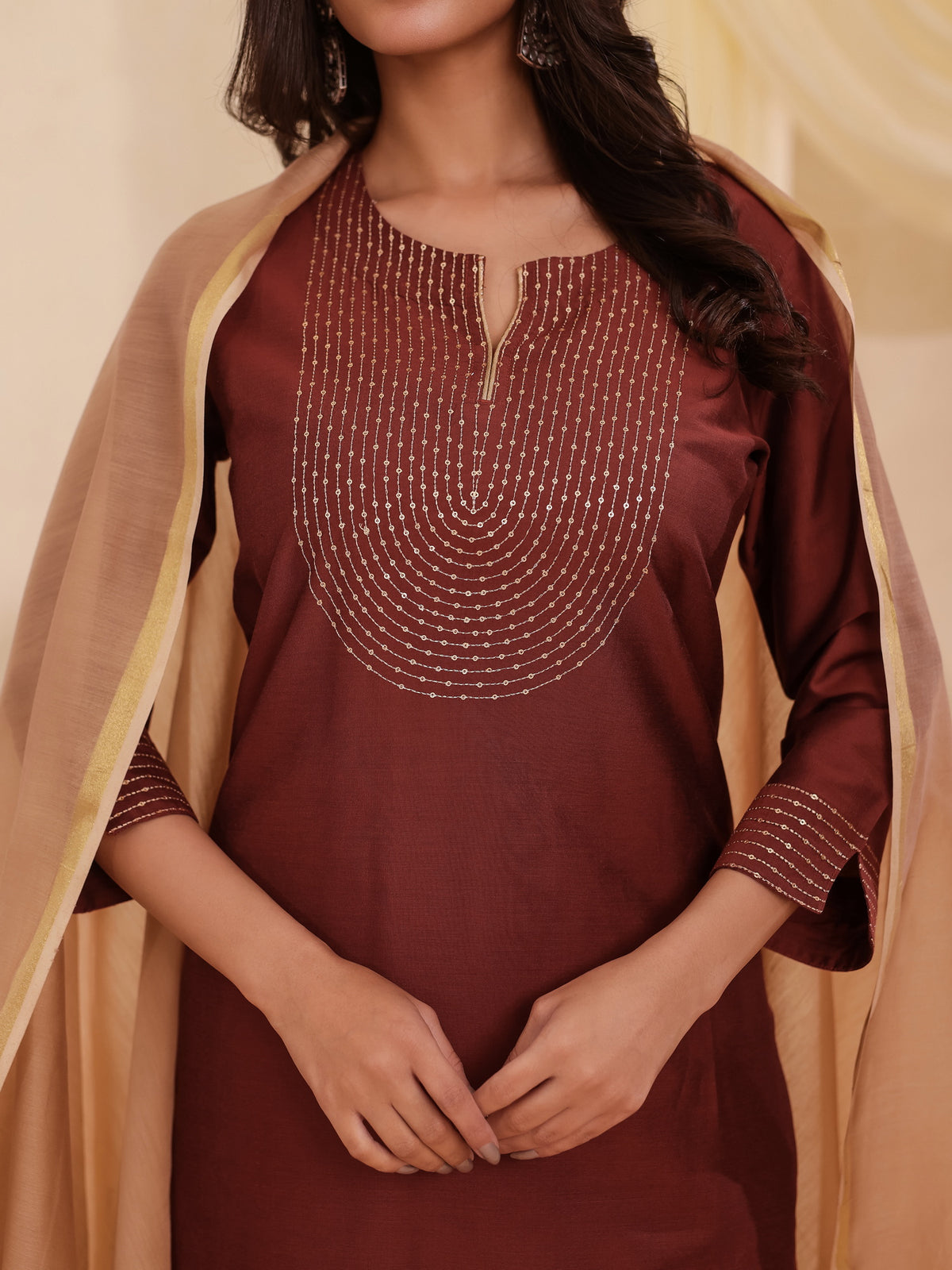 3PC SEQUENCE EMBROIDERY PARTY WEAR KURTA PAIRED WITH CHANDERI DUPATTA SET