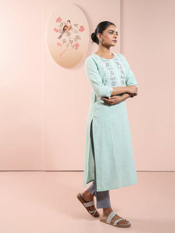 Naptune Green 2 Pcs Kurta Set in Cotton Slub