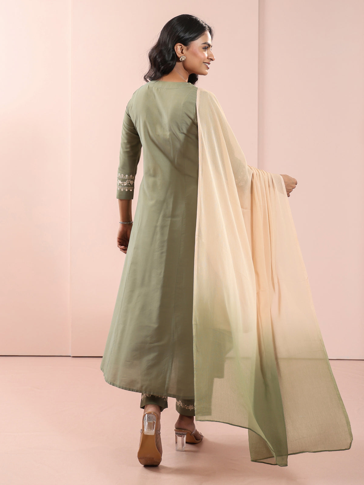 MIRROR EMBROIDERED 3PC FLAIRED KURTA SET PAIRED WITH CHIFON OMBREY DUPATTA