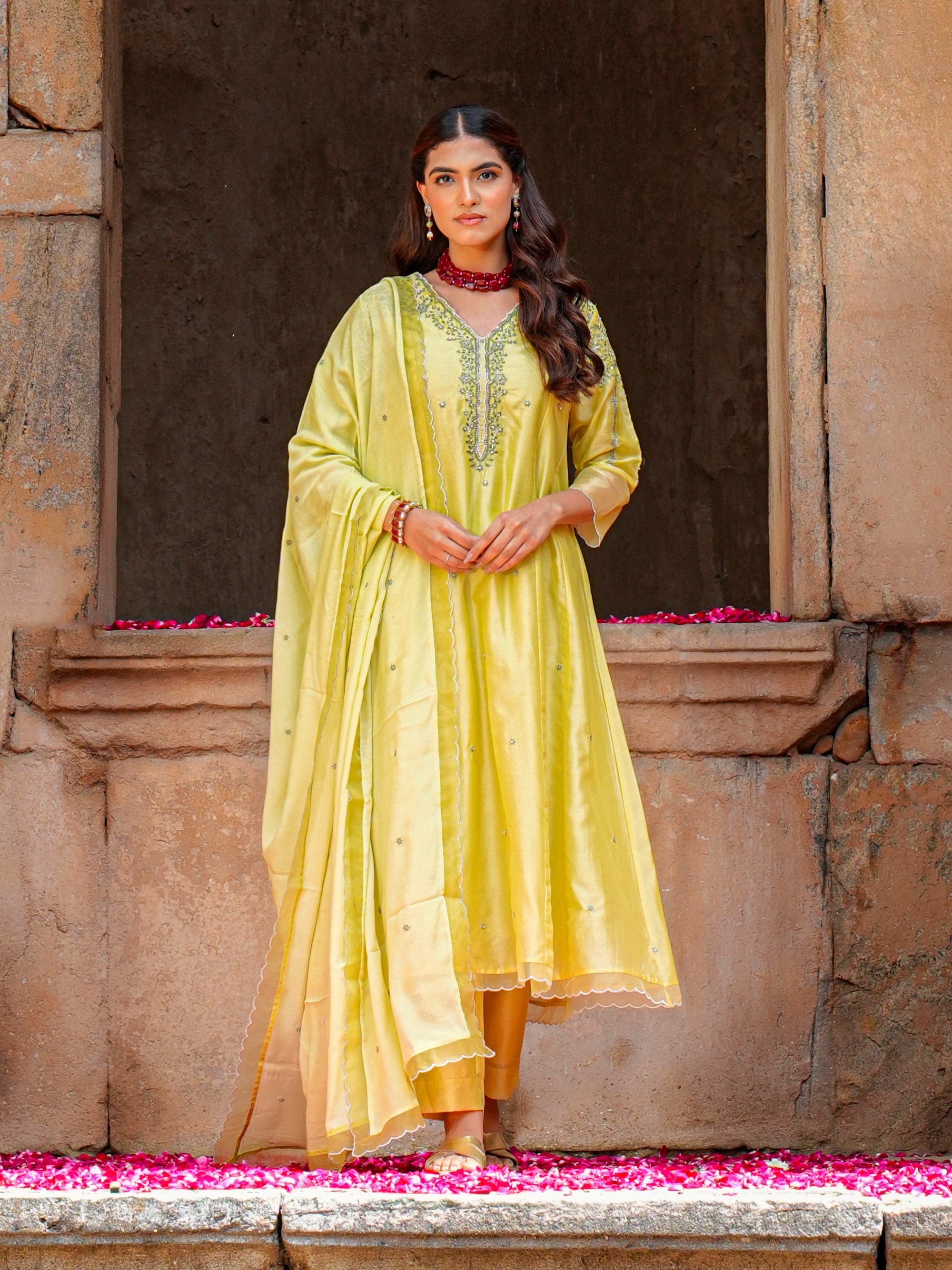 Lime Sherbet Muslin Embroidered 3 Pc Kurta Set Women Festive