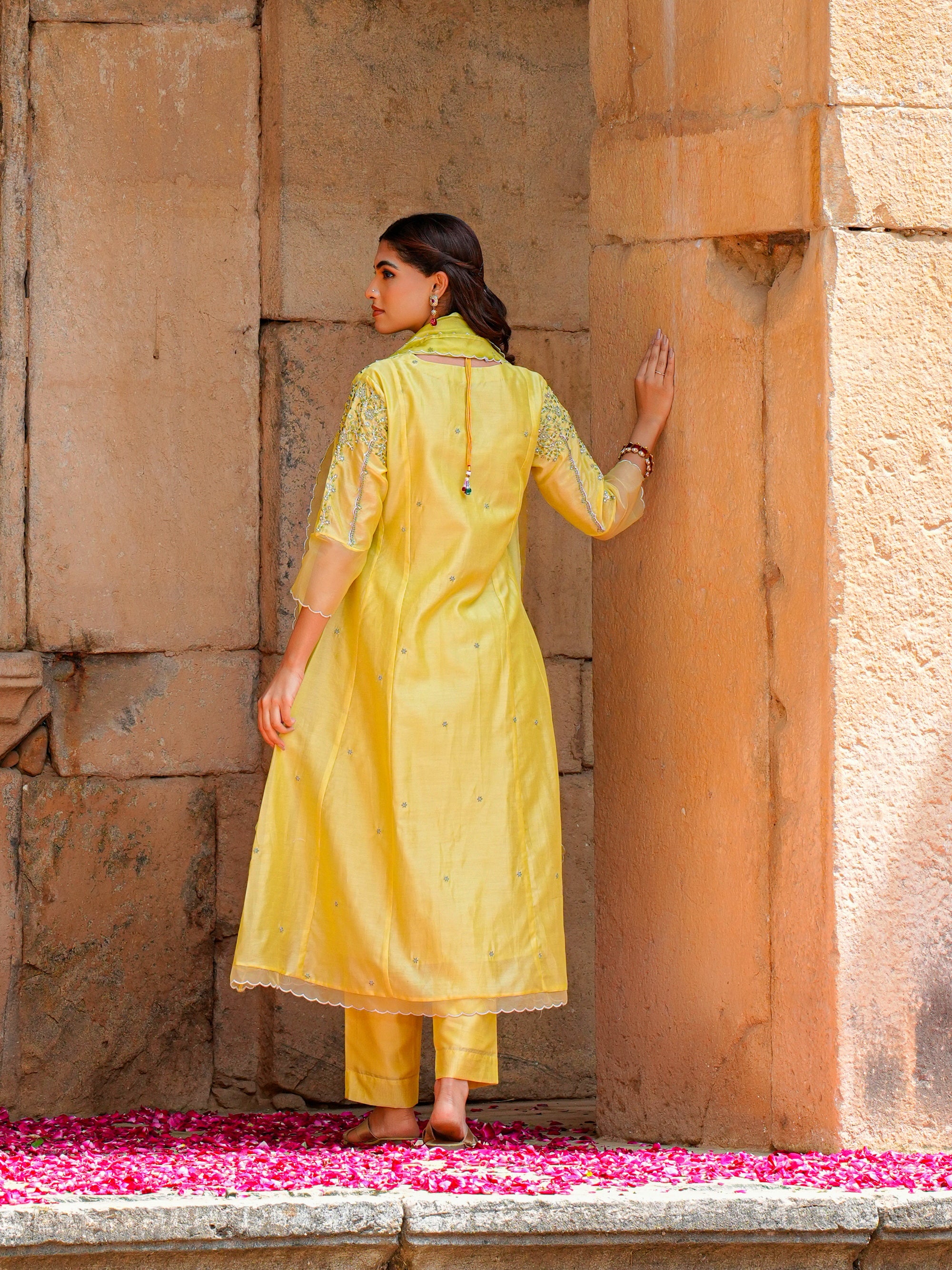 Lime Sherbet Muslin Embroidered 3 Pc Kurta Set Women Festive