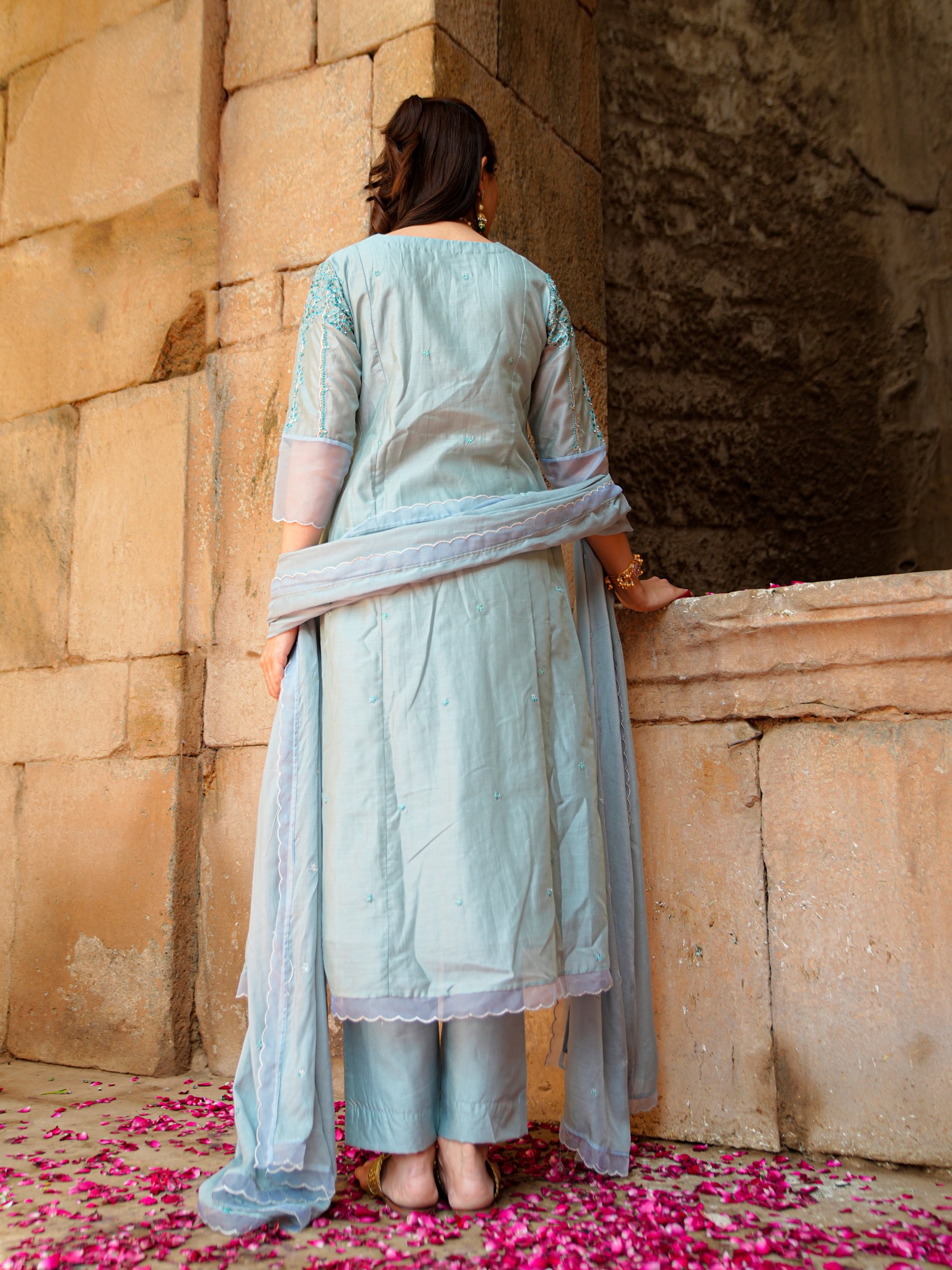 White Turquoise Muslin Embroidered 3 Pc Kurta Set Women Festive