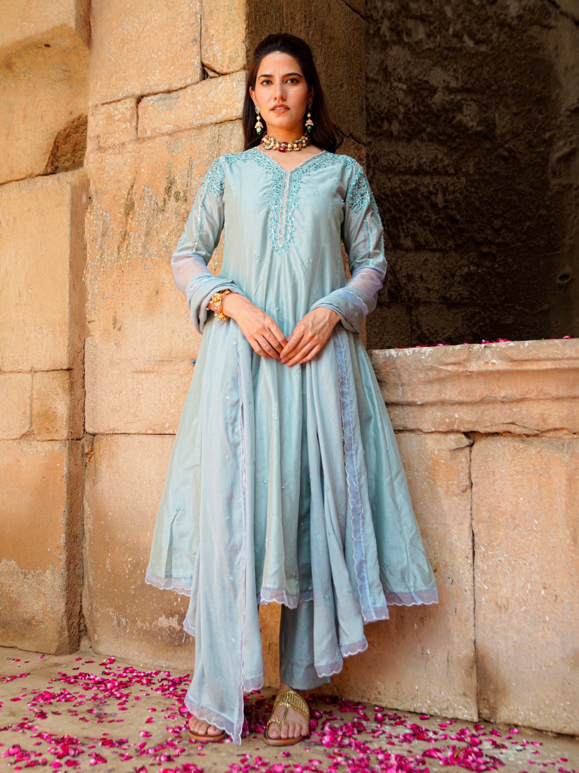 White Turquoise Muslin Embroidered 3 Pc Kurta Set Women Festive