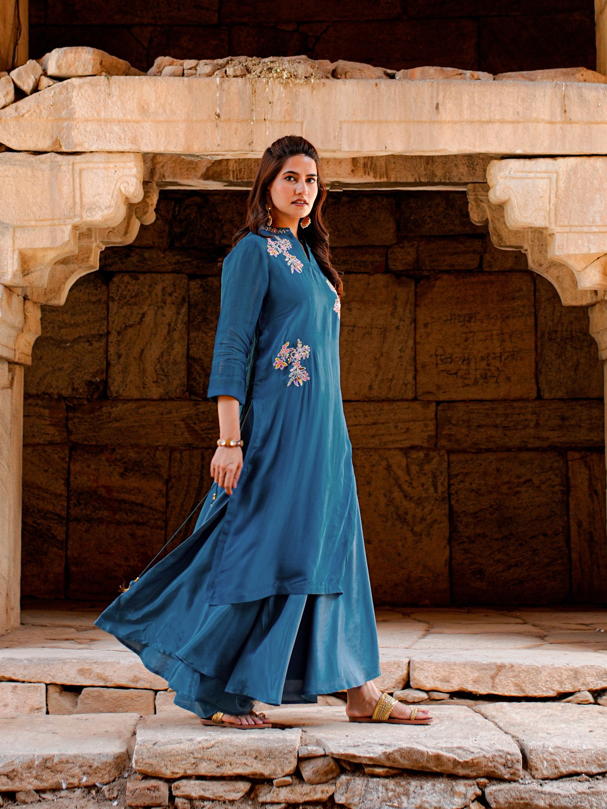 Marine Blue Organza Embroidered Dress with Inner Gown Women