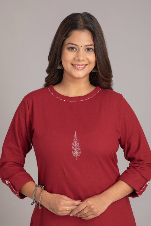 Embroidered Straight Kurti with Printed Trouser