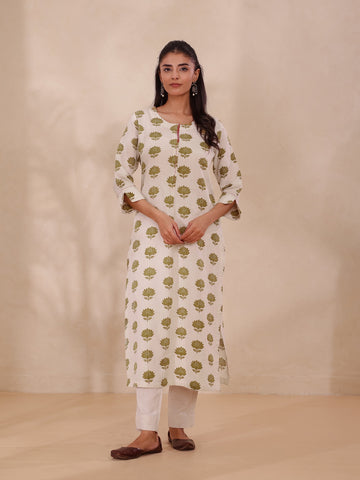 Olive Mustard Long Kurti in Rayon Linen