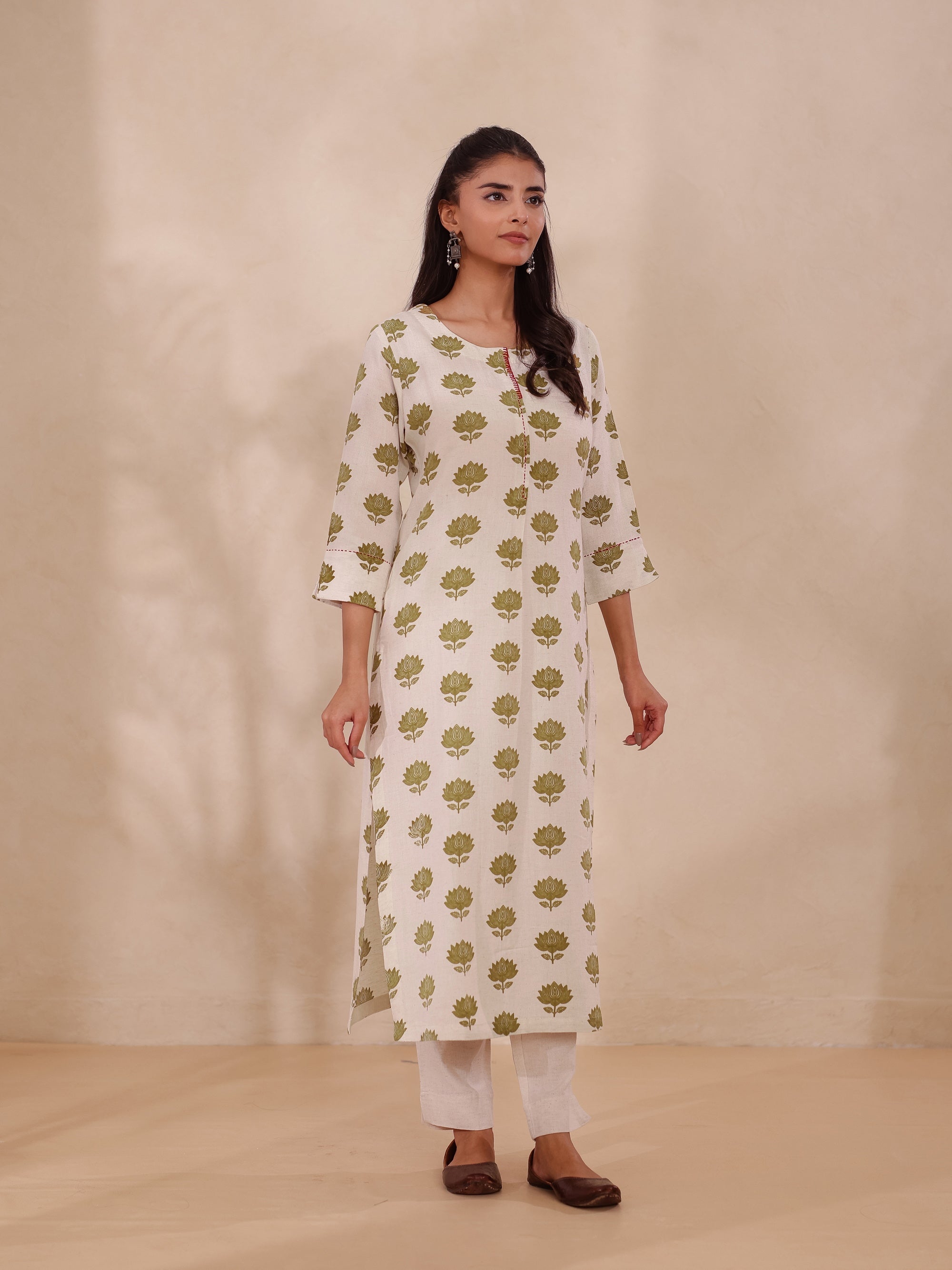Olive Mustard Long Kurti in Rayon Linen