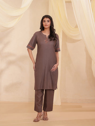 Choclate Brown 2 Pcs Kurta Set in Tusser Silk