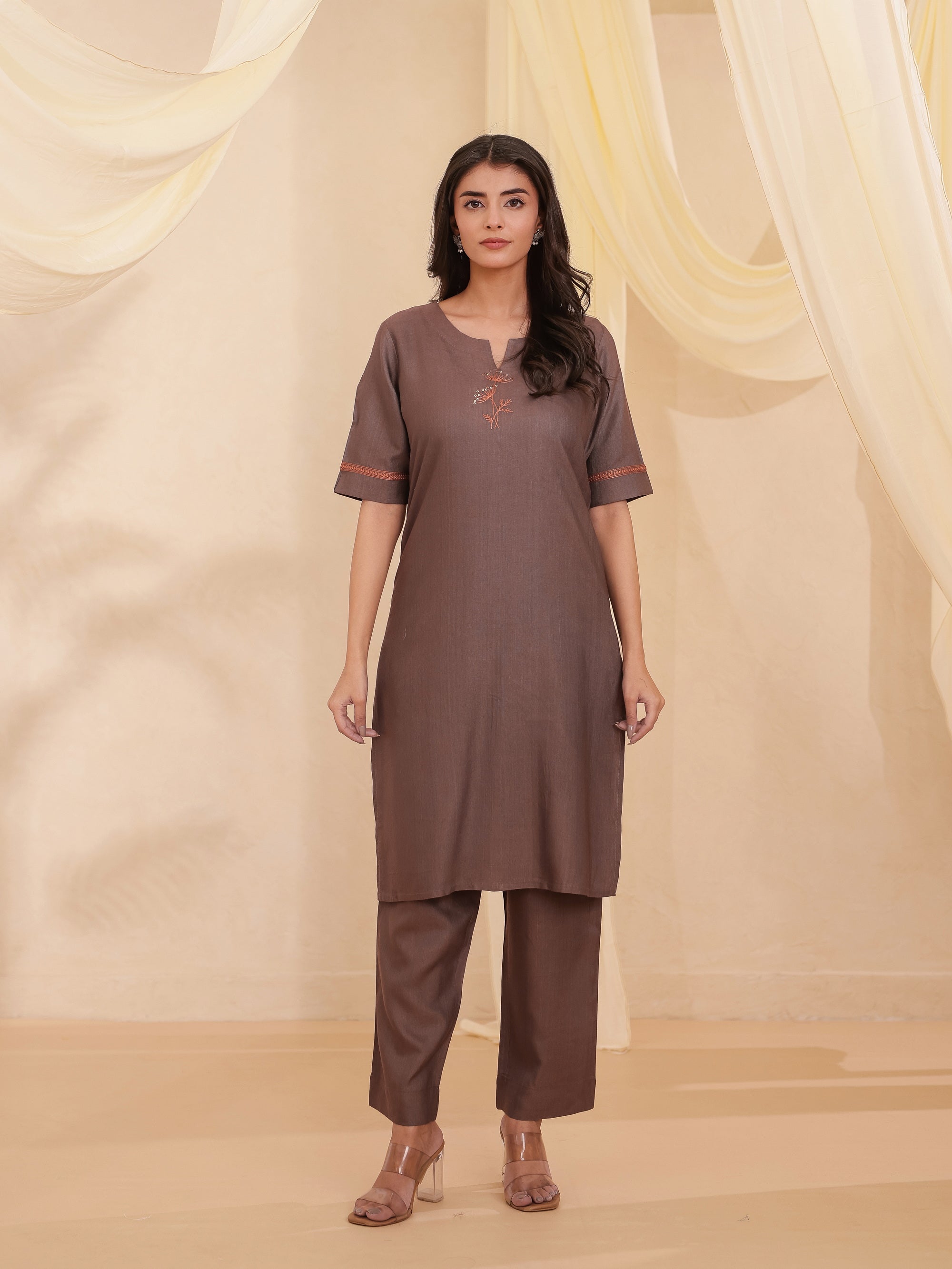 Choclate Brown 2 Pcs Kurta Set in Tusser Silk