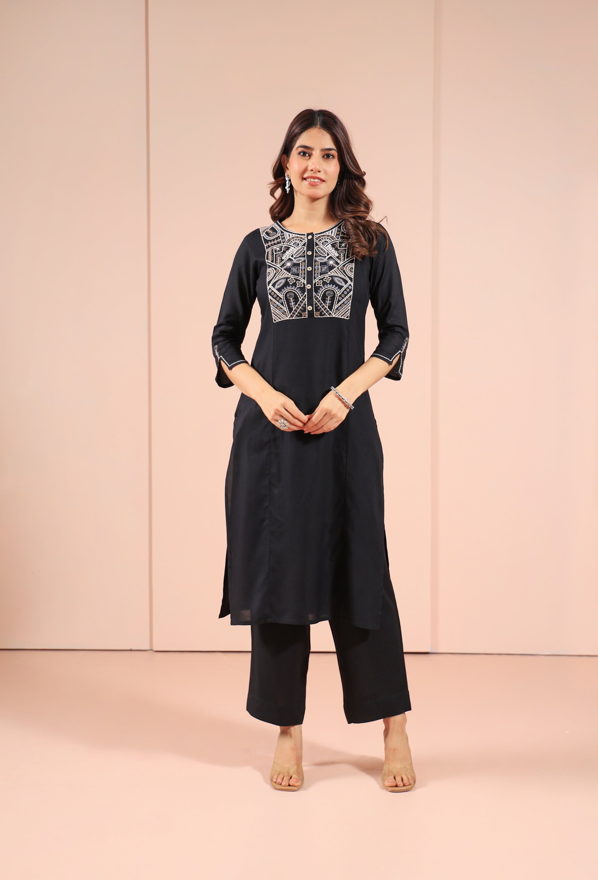 Jet Black 2 Pcs Kurta Set in Rayon Linen