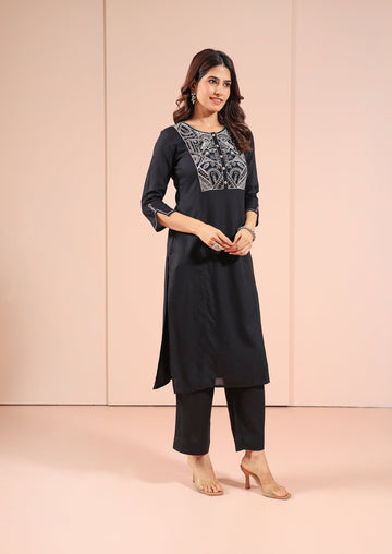 Jet Black 2 Pcs Kurta Set in Rayon Linen