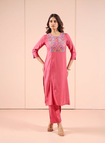 Red Bud 2 Pcs Kurta Set in Rayon Linen