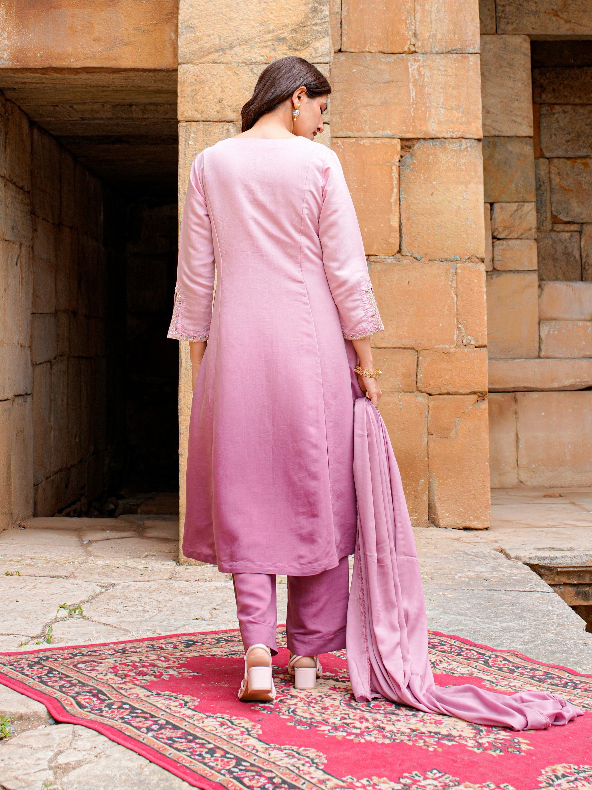 Pink Lavender Roman Silk Adda Work 3 Pc Kurta Set Women