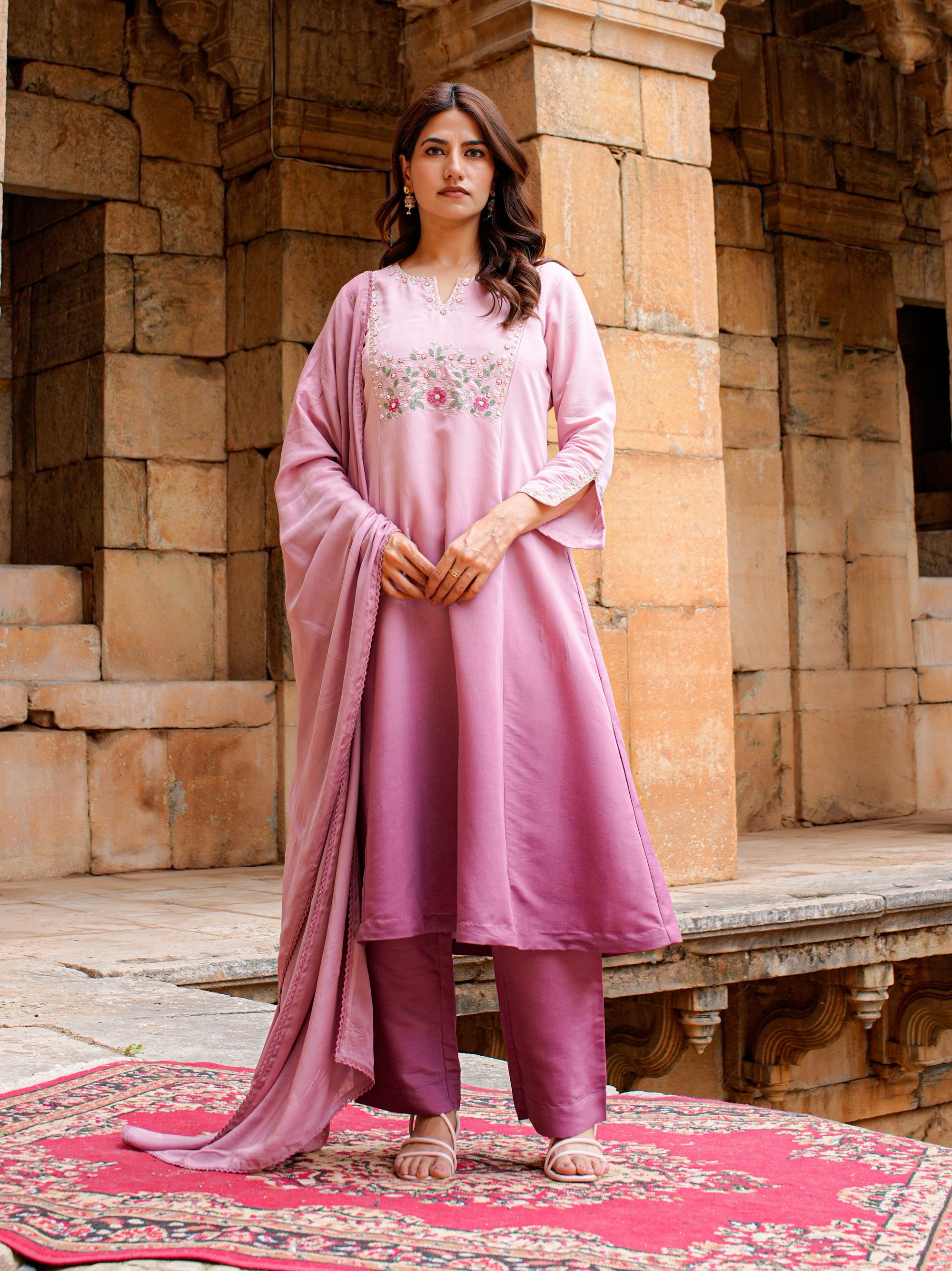 Pink Lavender Roman Silk Adda Work 3 Pc Kurta Set Women