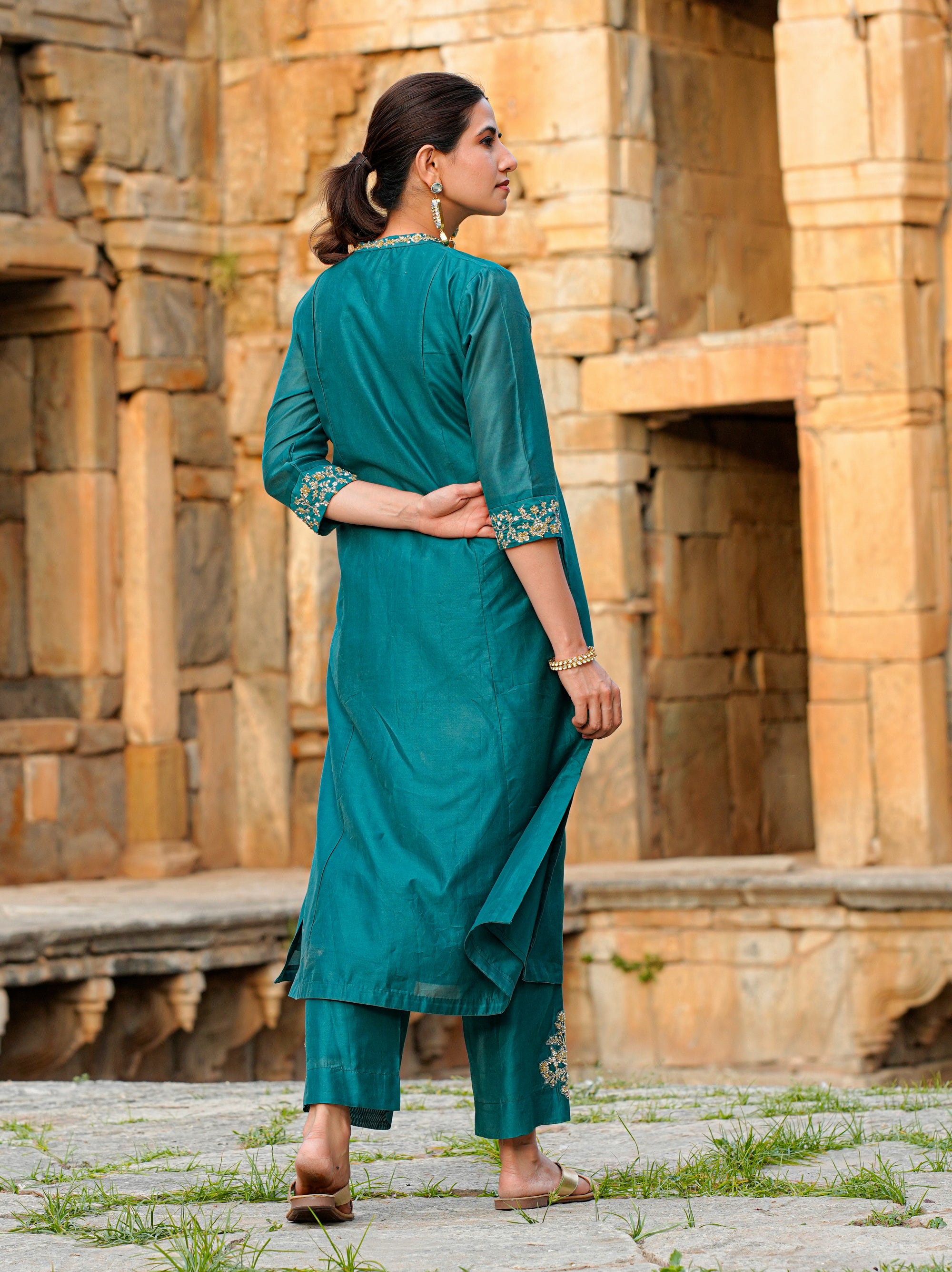 Bottle Green Modal Chanderi 3 Pc Kurta Set Women Festive Wear