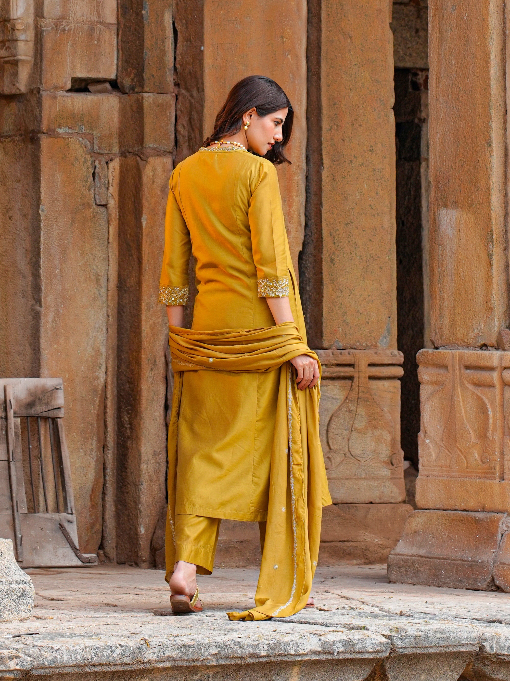 Bronze Mist Modal Chanderi 3 Pc Kurta Set Women Festive Wear