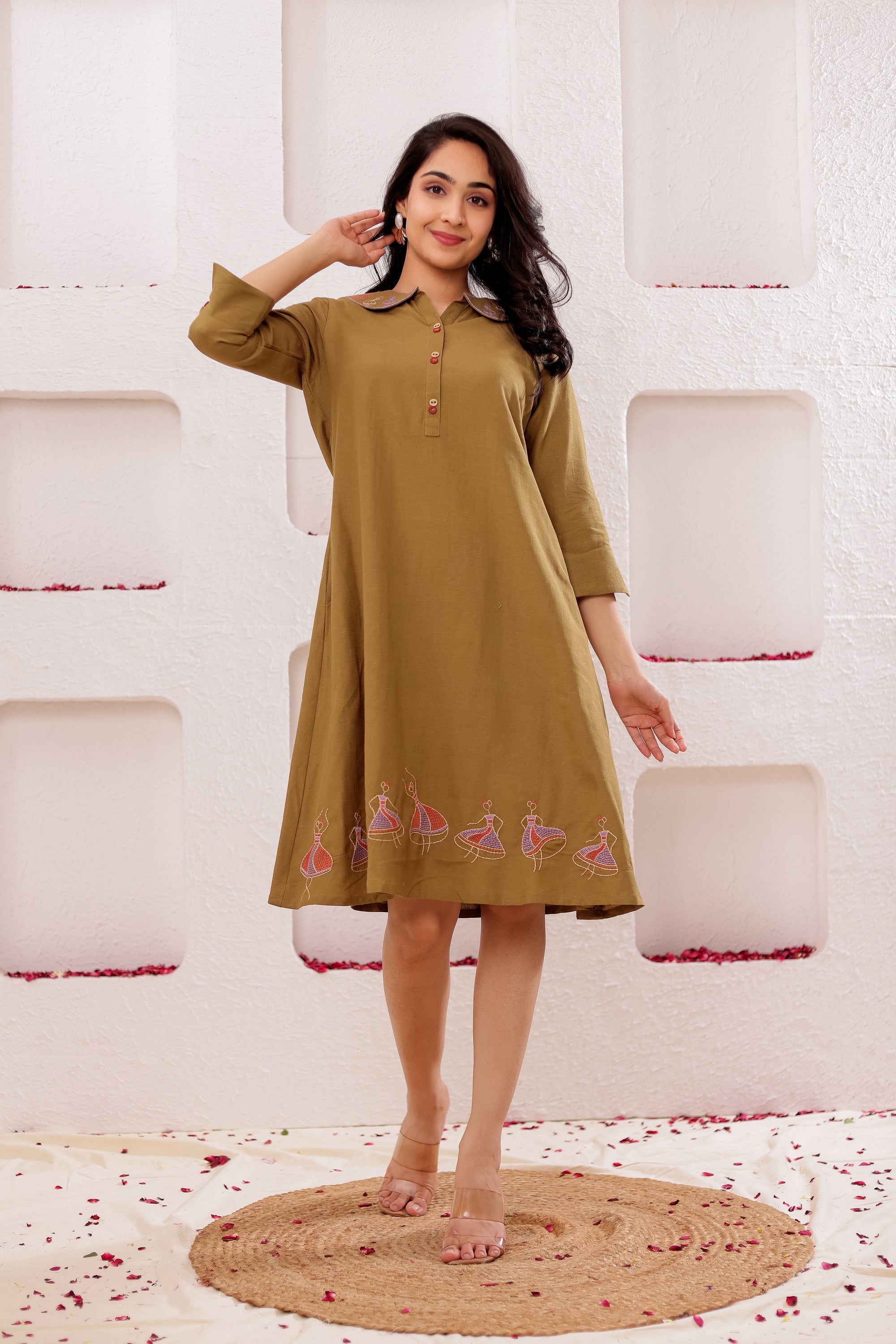 Olive Short Dress in Rayon Linen