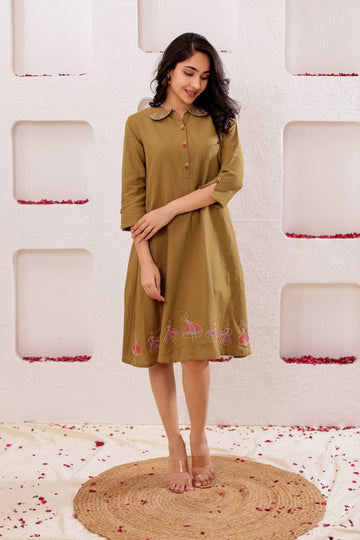 Olive Short Dress in Rayon Linen