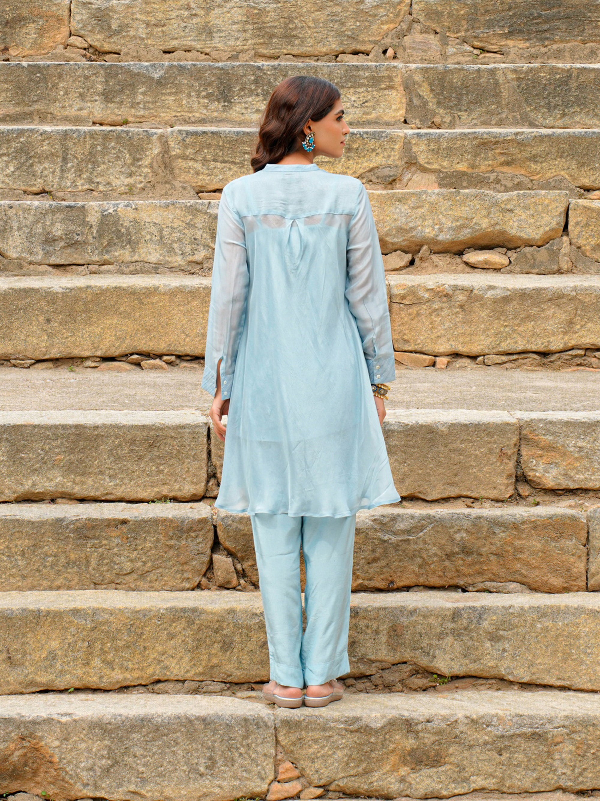 Dream Blue Organza Embroidered 3 Pc Co Ord Set Women Festive