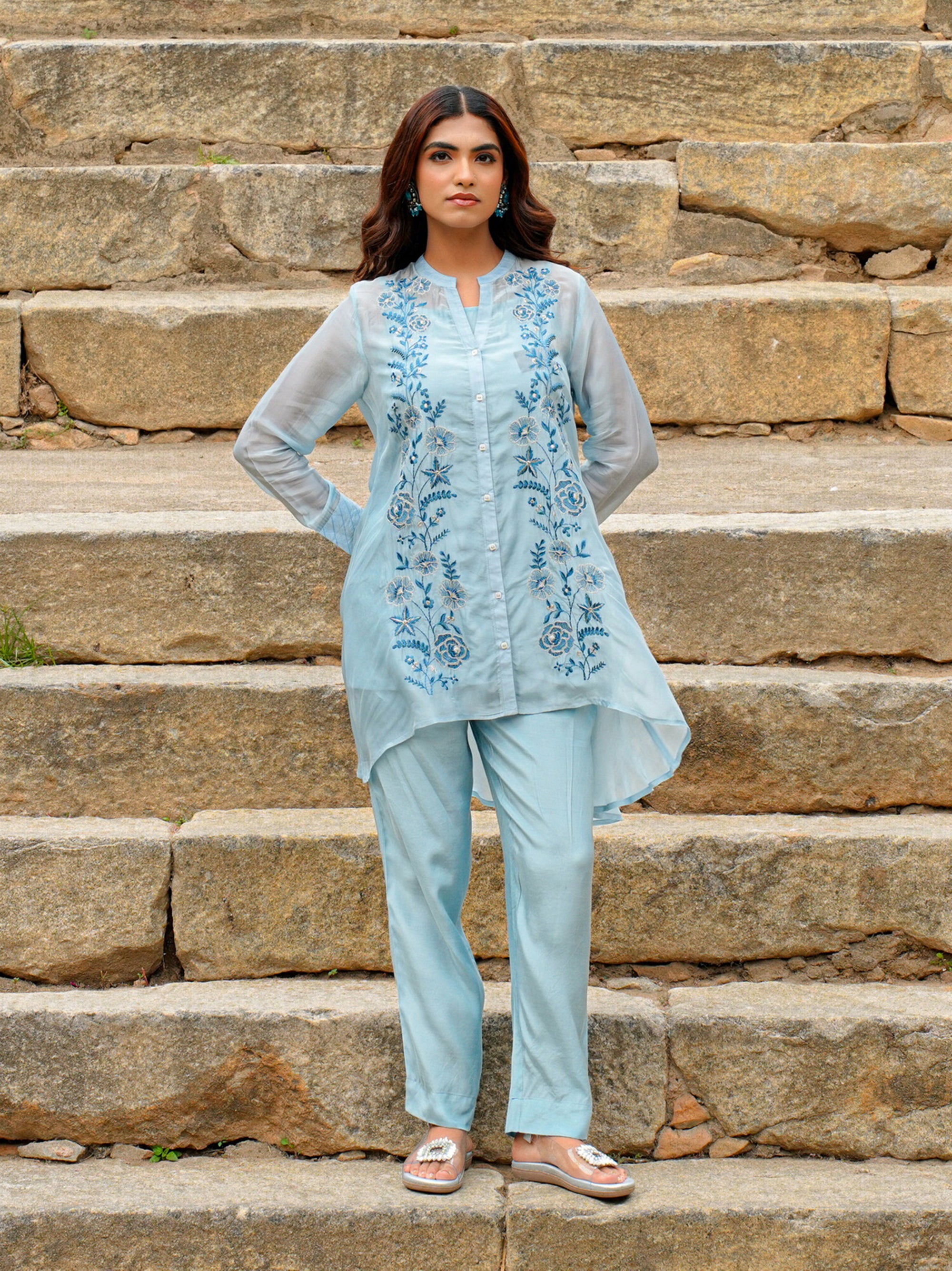 Dream Blue Organza Embroidered 3 Pc Co Ord Set Women Festive