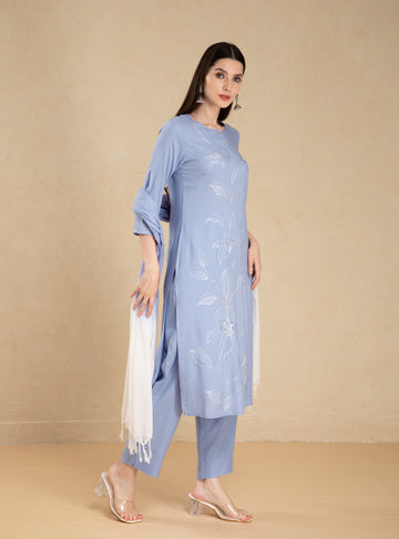 Powder Blue 3 Pcs Kurta Set in Rayon Slub