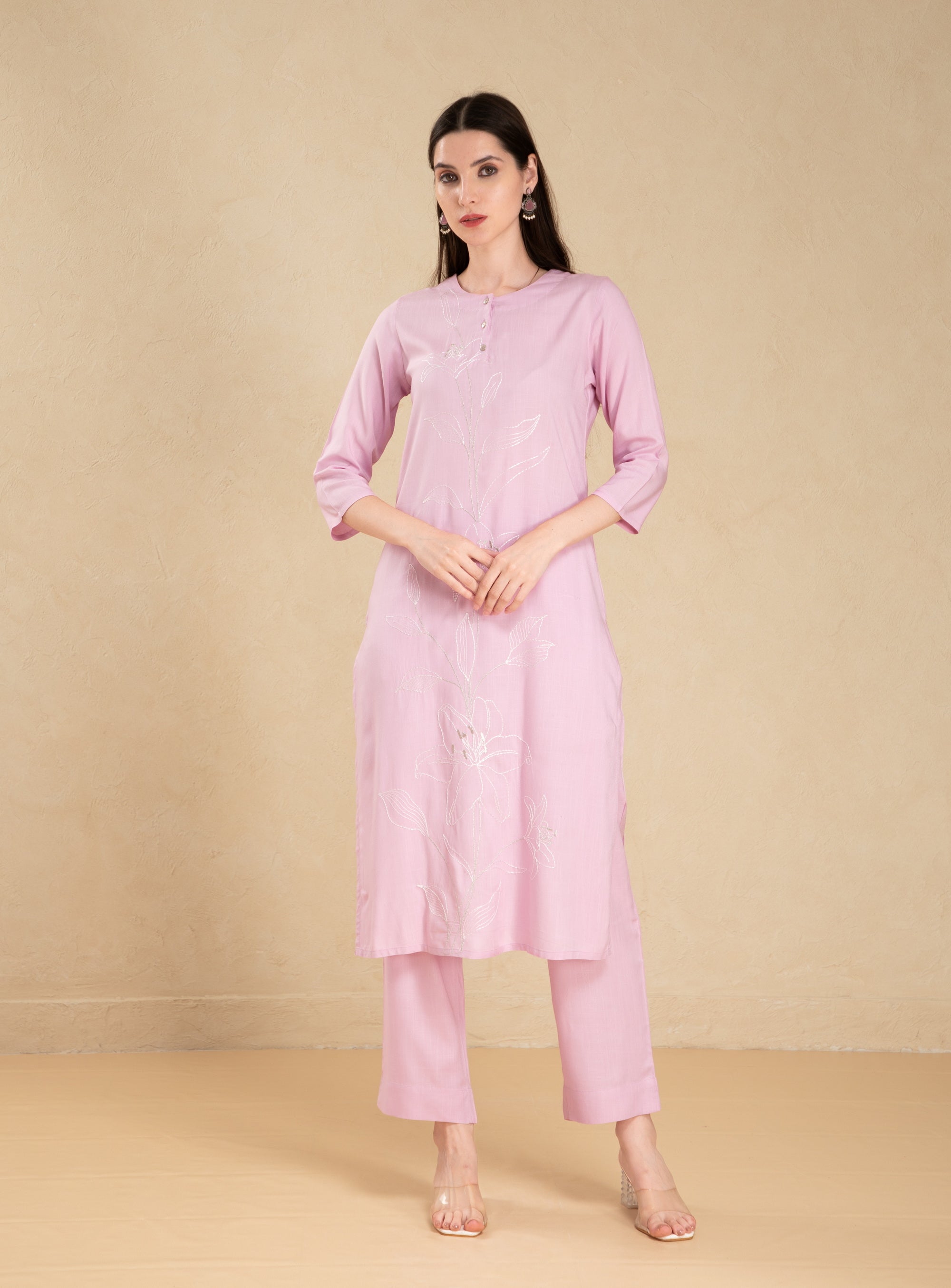 Purple Pink 3 Pcs Kurta Set in Rayon Slub