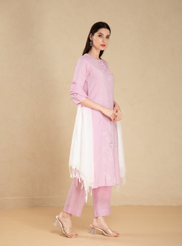 Purple Pink 3 Pcs Kurta Set in Rayon Slub