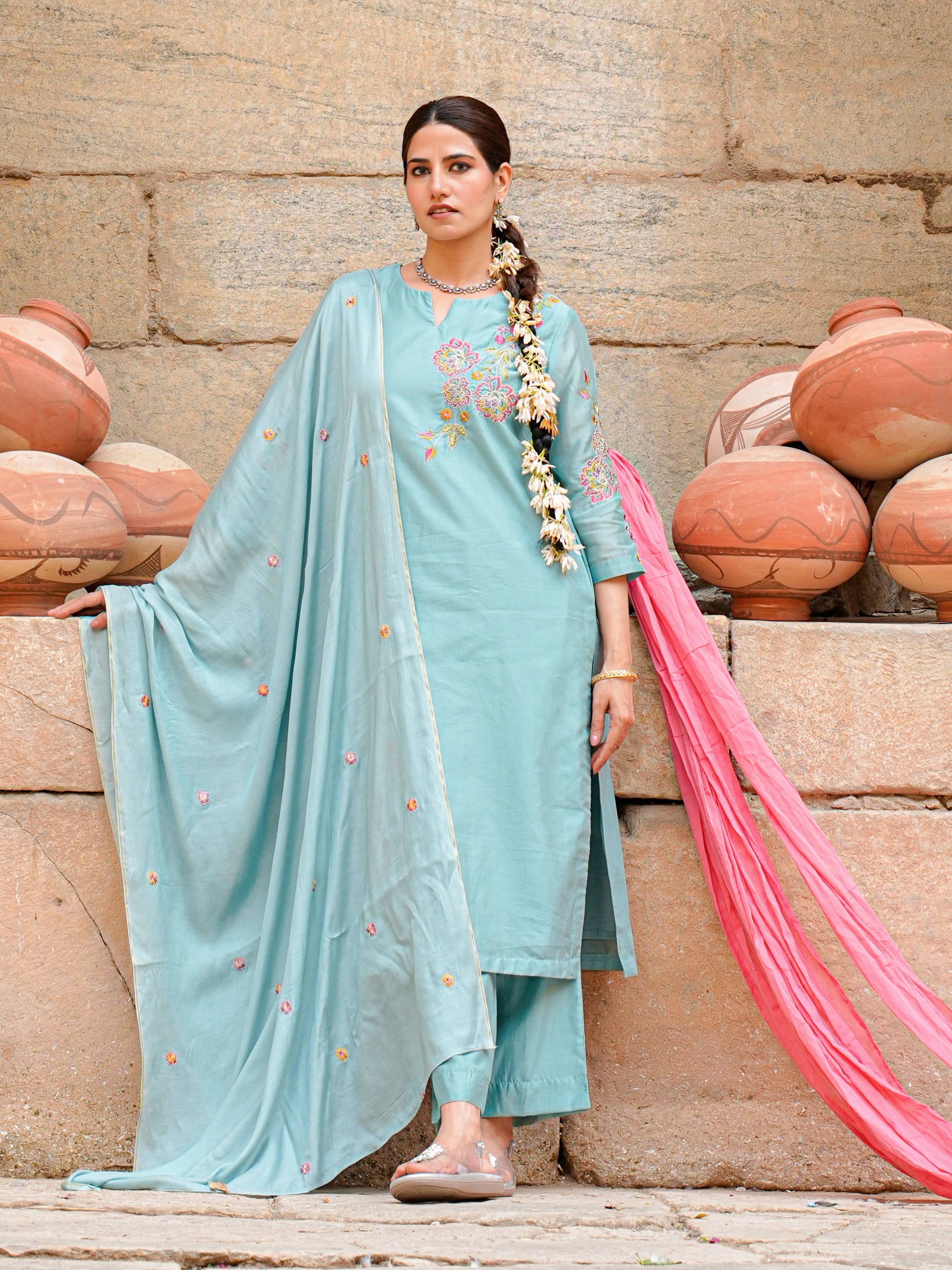 Aqua Marine Chanderi Silk Embroidered 3 Pc Kurta Set Women
