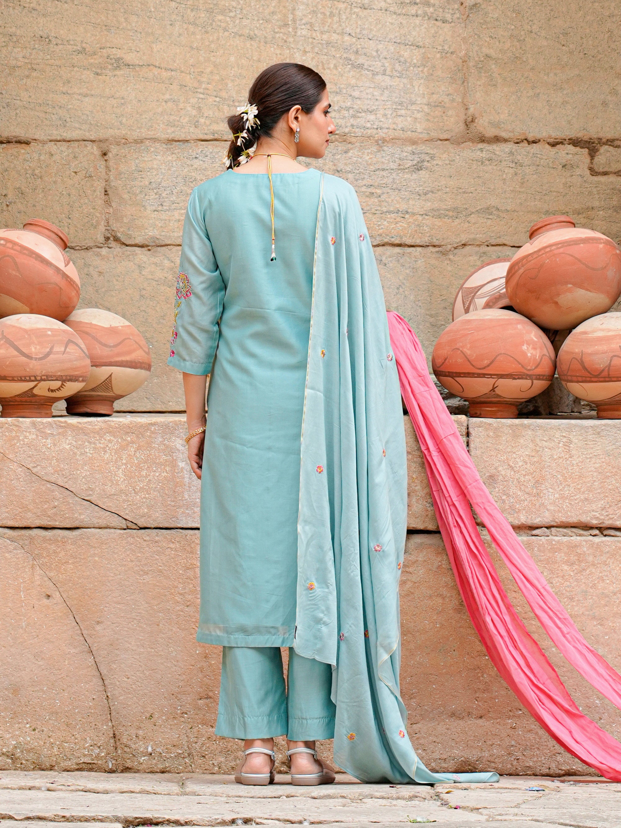 Aqua Marine Chanderi Silk Embroidered 3 Pc Kurta Set Women