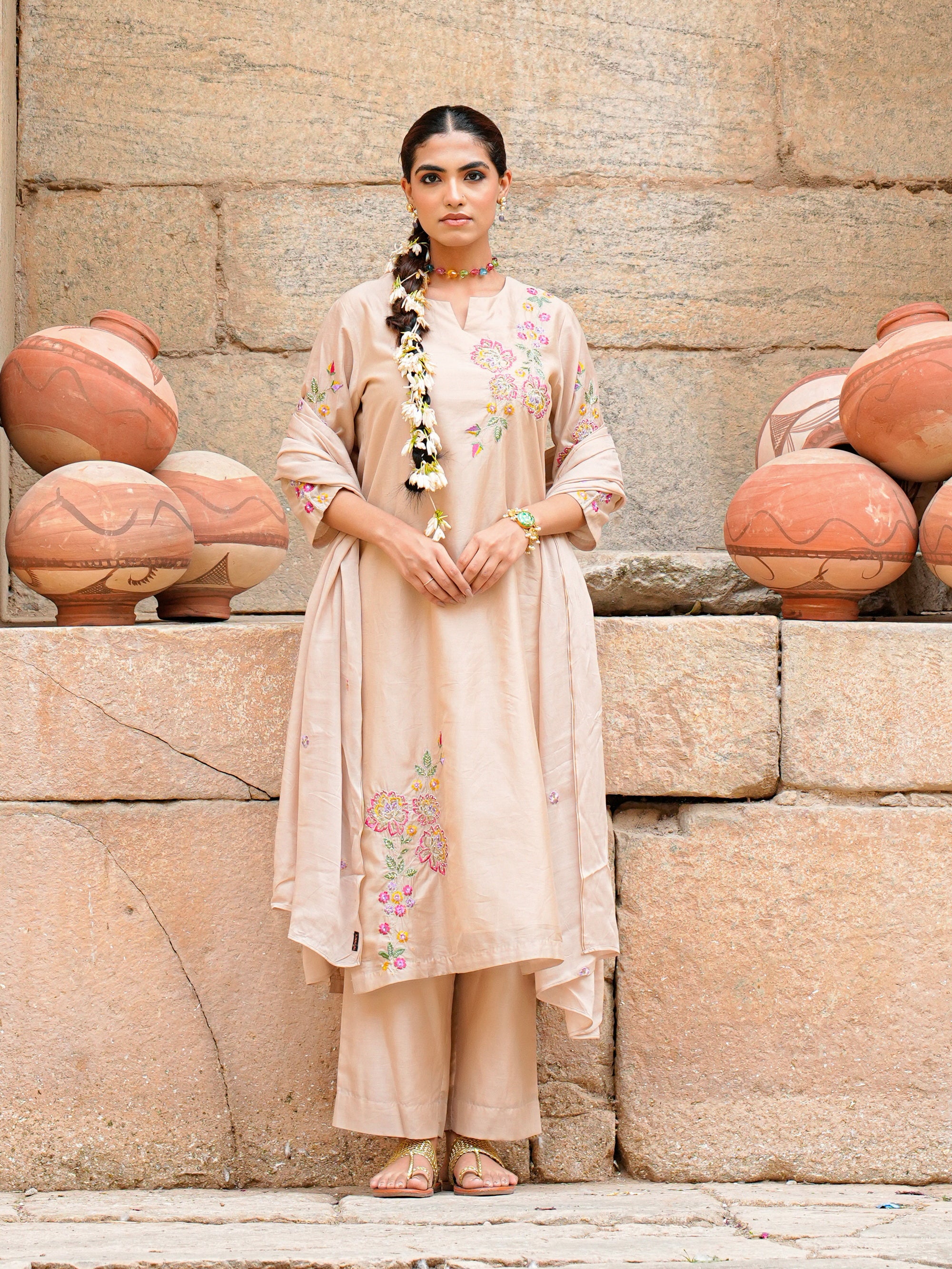 Sandshell Chanderi Silk Floral Embroidered Kurta Set Women