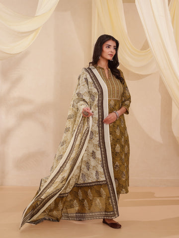 Olive 3 Pcs Kurta Set in Cotton Slub