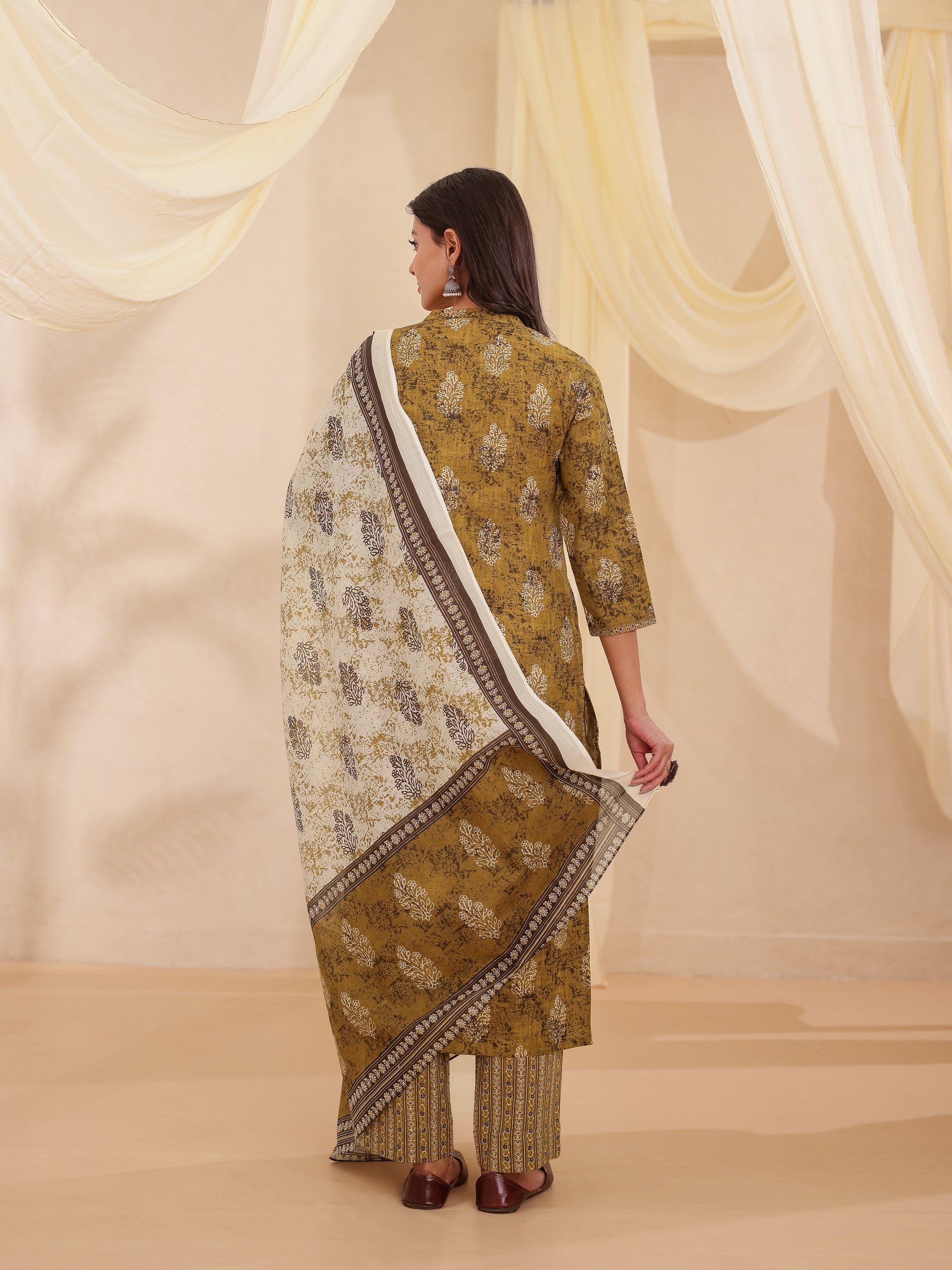Olive 3 Pcs Kurta Set in Cotton Slub