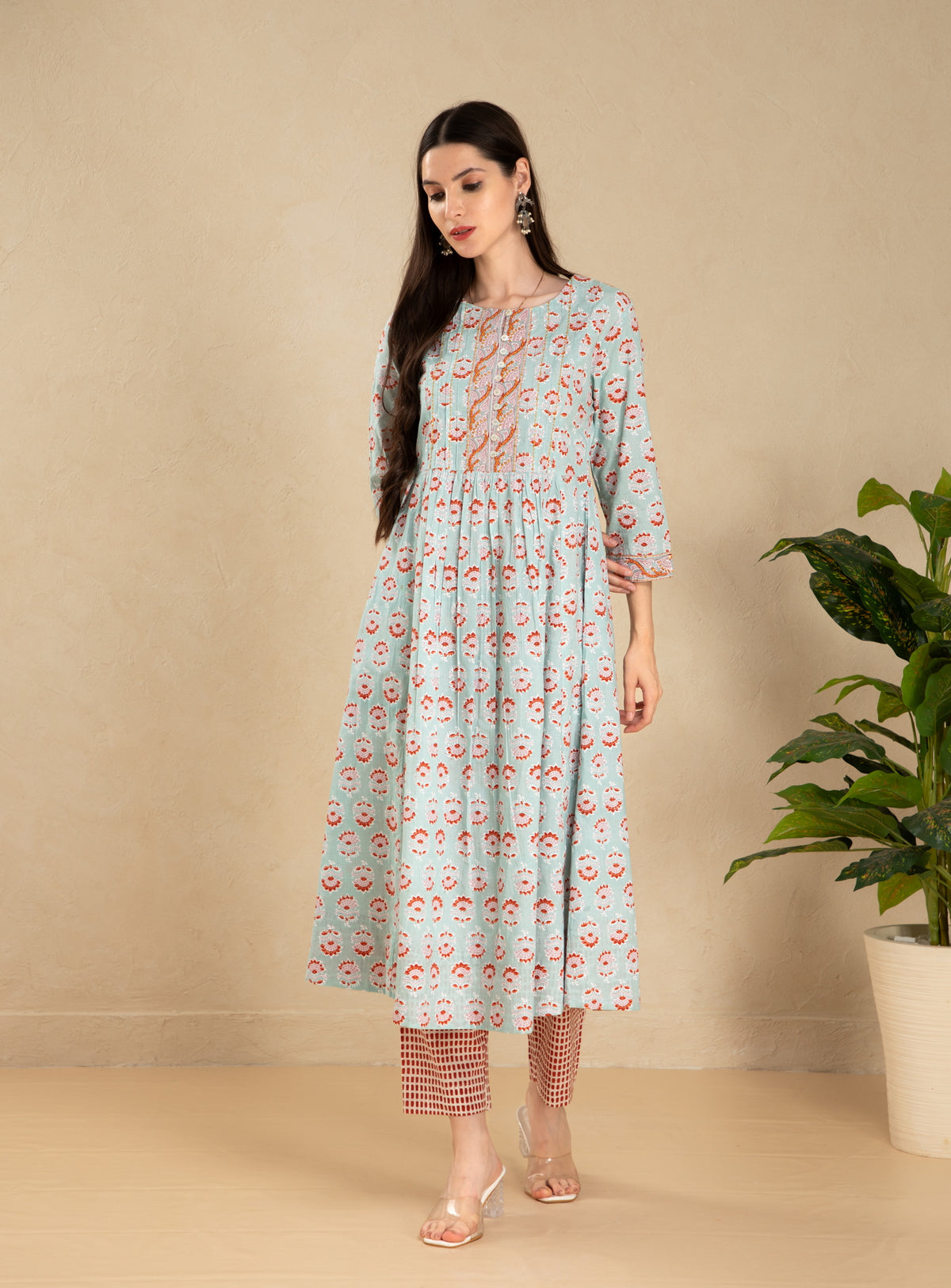 MUL COTTON KHADI PRINTED 2PC KURTA SET DETAILED WITH HAND CRAFT EMBELLISHMENT