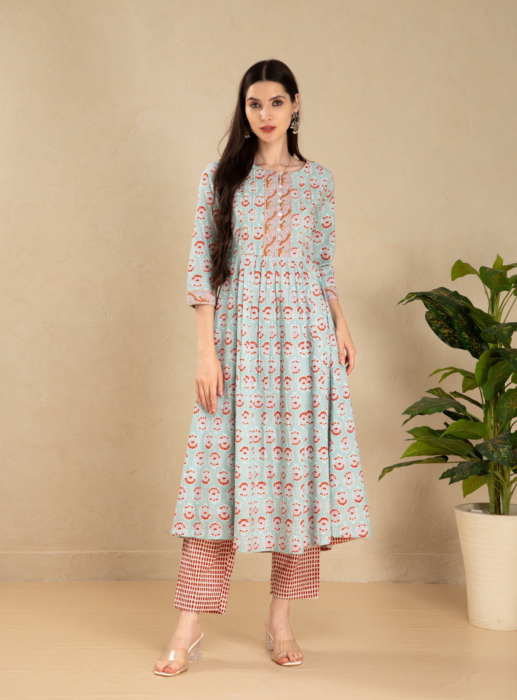 MUL COTTON KHADI PRINTED 2PC KURTA SET DETAILED WITH HAND CRAFT EMBELLISHMENT