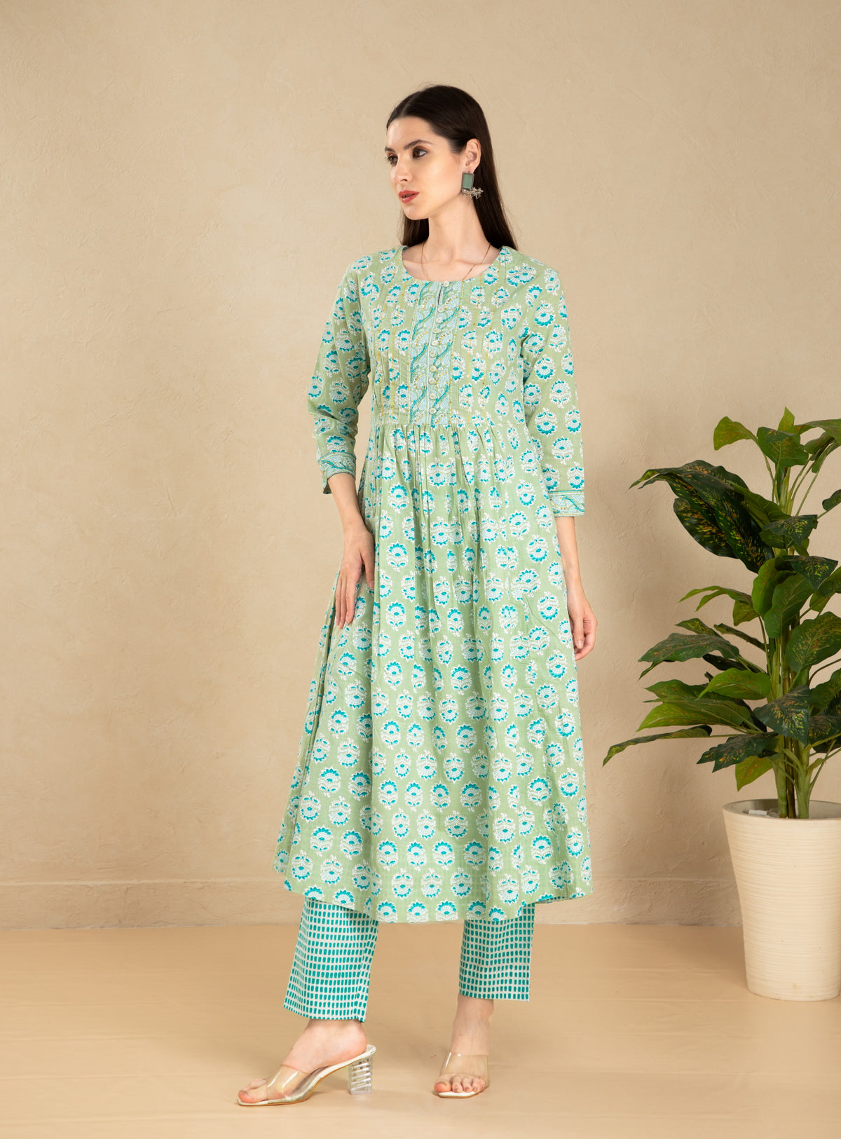MUL COTTON KHADI PRINTED 2PC KURTA SET DETAILED WITH HAND CRAFT EMBELLISHMENT