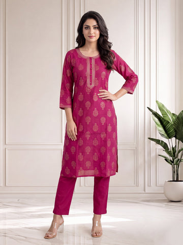 Cherry Red 2 Pcs Kurta Set in Poly Viscose