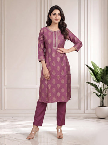 Gray Purple 2 Pcs Kurta Set in Poly Viscose