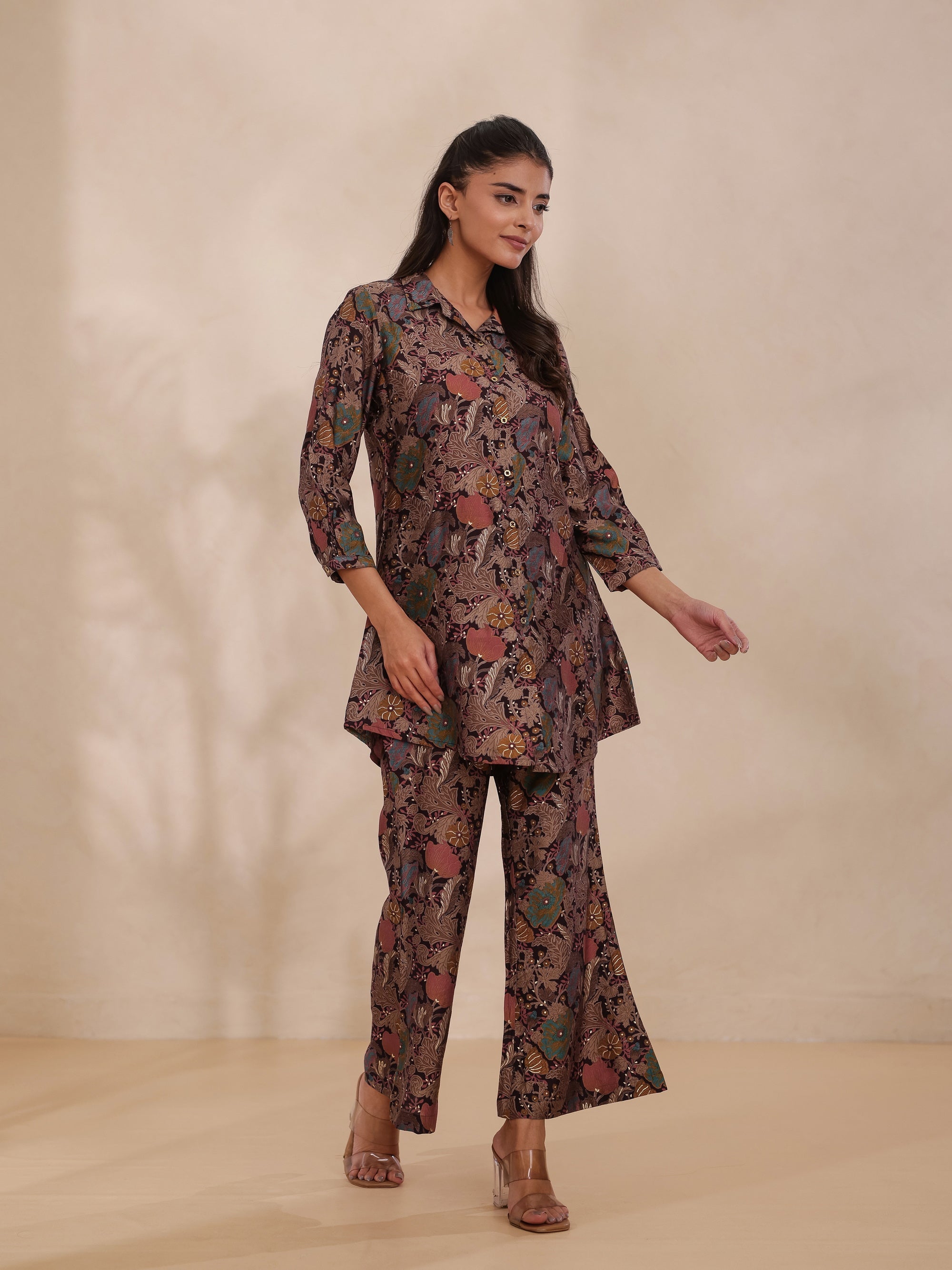 Dark Wine 2 Pcs Co-ord Set in Viscose Silk