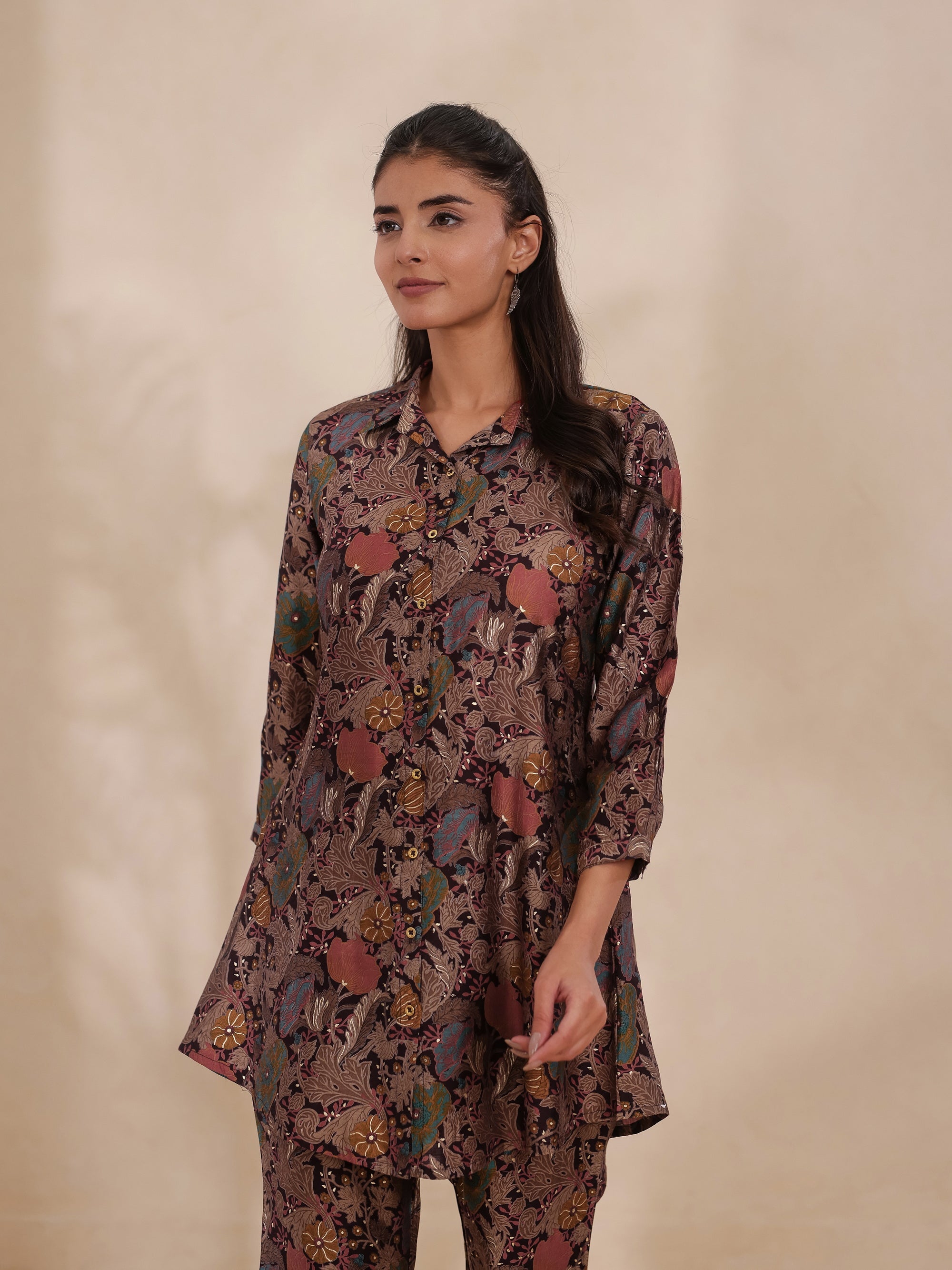 Dark Wine 2 Pcs Co-ord Set in Viscose Silk