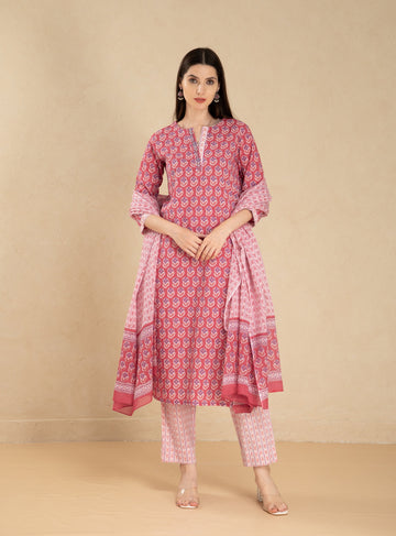 Brick Red 3 Pcs Kurta Set in Mul Cotton