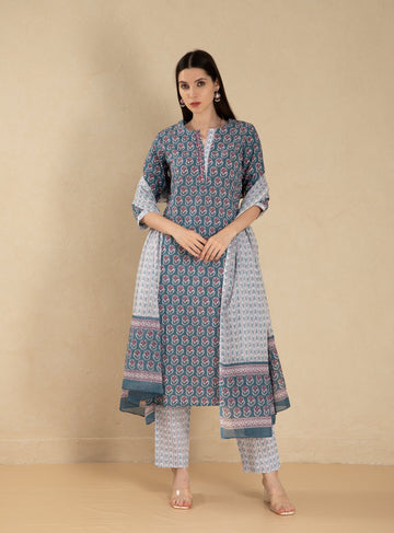 Mallard Blue 3 Pcs Kurta Set in Mul Cotton