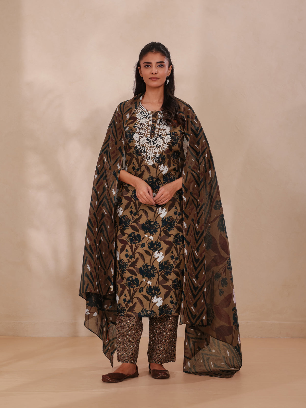 CHIKANKARI EMBROIDERY 3PC FLORAL PRINTED SET