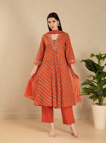 Rust Orange 3 Pcs Kurta Set in Mul Cotton